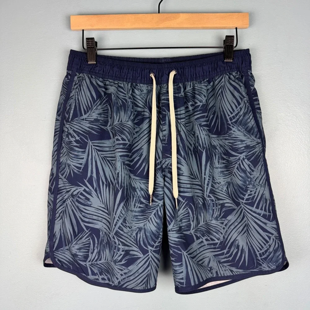Fair Harbor Men Medium Blue Palm Leaf Floral Lined Swim Trunks 7.5